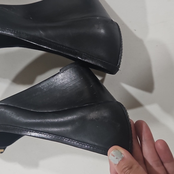 Tory Burch Black Leather Heels with Gold Accents - Picture 2 of 12